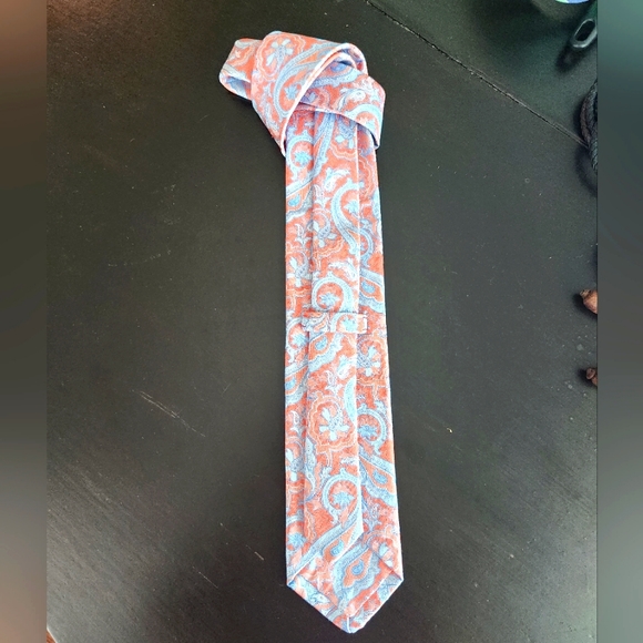 Peach and Blue Paisley Silk Neck Tie - Picture 2 of 3